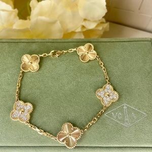 Van Cleef & Arpels Vintage Alhambra 5 Motif Guilloche and Diamond Charm Bracelet